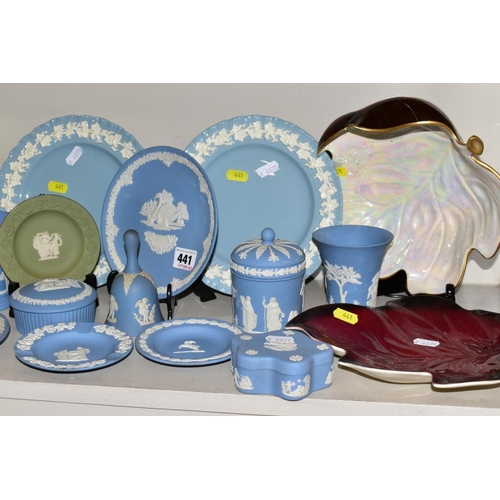 441 - A COLLECTION OF WEDGWOOD JASPERWARE AND AYNSLEY GIFTWARE, etc, including pale blue jasperware pin di... 