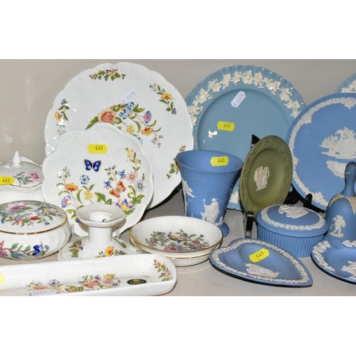 441 - A COLLECTION OF WEDGWOOD JASPERWARE AND AYNSLEY GIFTWARE, etc, including pale blue jasperware pin di... 