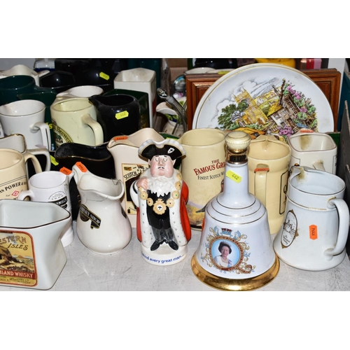 442 - A COLLECTION OF PUB JUGS, CASED PLATED BRASS FOUR PIECE TEA SET (WORN), box of Cd's, etc, including ... 