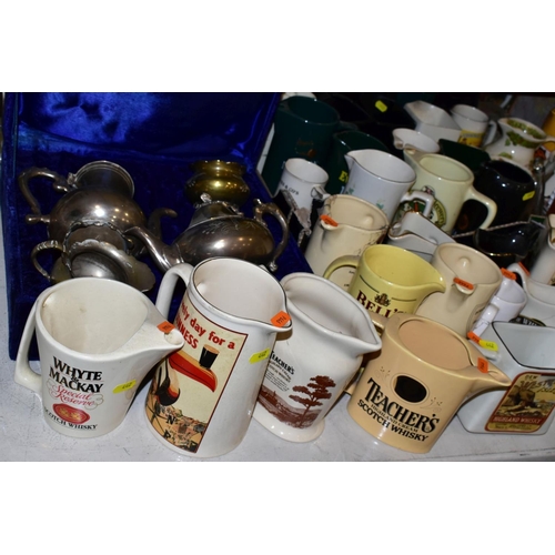 442 - A COLLECTION OF PUB JUGS, CASED PLATED BRASS FOUR PIECE TEA SET (WORN), box of Cd's, etc, including ... 