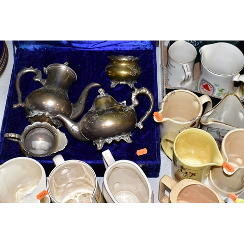 442 - A COLLECTION OF PUB JUGS, CASED PLATED BRASS FOUR PIECE TEA SET (WORN), box of Cd's, etc, including ... 