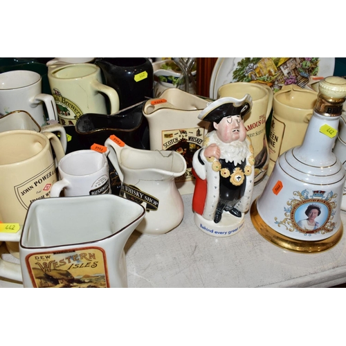 442 - A COLLECTION OF PUB JUGS, CASED PLATED BRASS FOUR PIECE TEA SET (WORN), box of Cd's, etc, including ... 