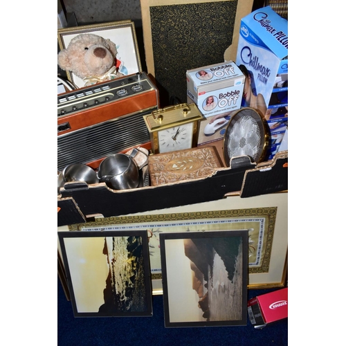 443 - TWO BOXES OF HANDBAGS, HOUSEHOLD SUNDRIES, LOOSE PRINTS, MIRROR, etc including a Roberts RP26-B radi... 