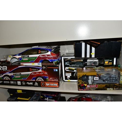 444 - THREE BOXED REMOTE CONTROL VEHICLES, comprising an hpi: racing WR8 Flux Ford Fiesta RS WRC, with som... 