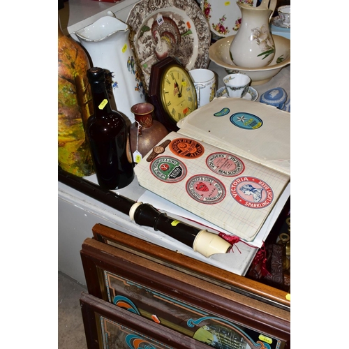 446 - A GROUP OF CERAMICS, PICTURES, MIRRORS, PRINTED EPHEMERA, etc, including a ledger containing old bee... 