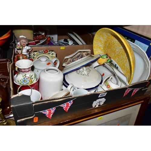 447 - THREE BOXES AND LOOSE TREEN, PRINTS AND PHOTO FRAMES, LE CREUSET GRIDDLE PAN, etc, including three c... 