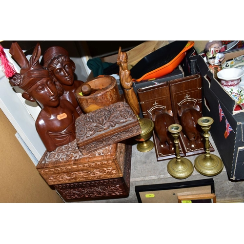 447 - THREE BOXES AND LOOSE TREEN, PRINTS AND PHOTO FRAMES, LE CREUSET GRIDDLE PAN, etc, including three c... 