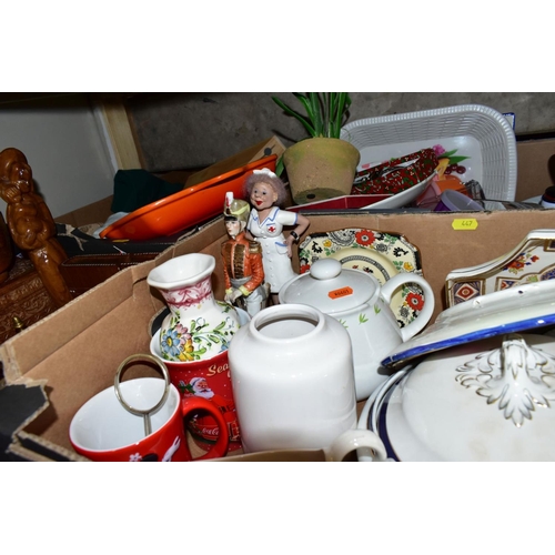 447 - THREE BOXES AND LOOSE TREEN, PRINTS AND PHOTO FRAMES, LE CREUSET GRIDDLE PAN, etc, including three c... 