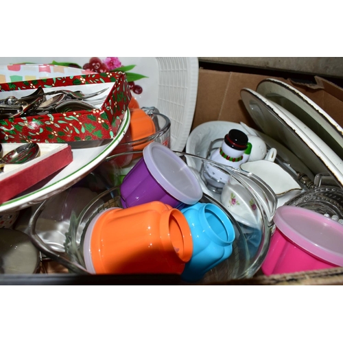 447 - THREE BOXES AND LOOSE TREEN, PRINTS AND PHOTO FRAMES, LE CREUSET GRIDDLE PAN, etc, including three c... 