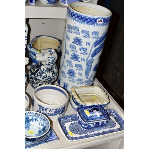 449 - A QUANTITY OF MODERN BLUE AND WHITE CERAMICS, including Oriental vases, stick stand, jars and covers... 