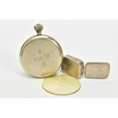 45 - AN OPENFACED MIITARY POCKET WATCH AND PILL BOX, the pocket watch with white dial signed 'Moise Dreyf... 