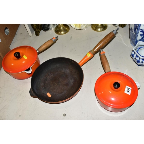 451 - TWO LE CREUSET ORANGE ENAMEL SAUCEPANS WITH POURING LIPS AND LIDS, 16cm and 18cm diameter, together ... 