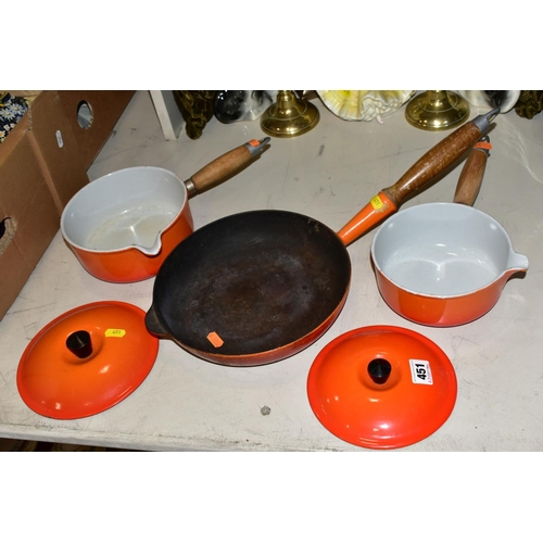 451 - TWO LE CREUSET ORANGE ENAMEL SAUCEPANS WITH POURING LIPS AND LIDS, 16cm and 18cm diameter, together ... 