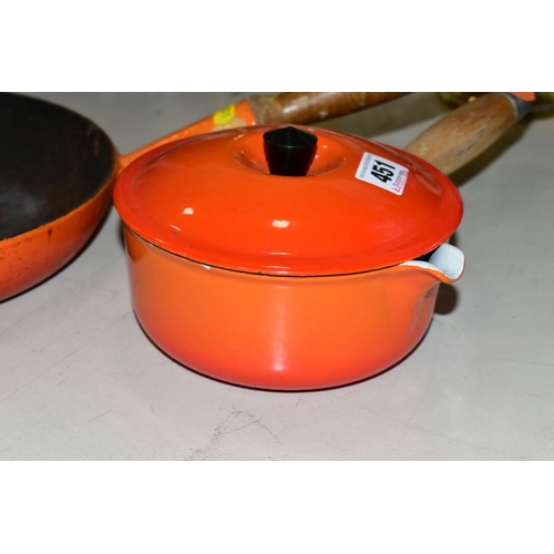 451 - TWO LE CREUSET ORANGE ENAMEL SAUCEPANS WITH POURING LIPS AND LIDS, 16cm and 18cm diameter, together ... 