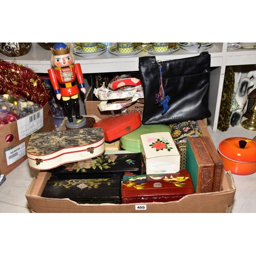 455 - TWO BOXES OF JEWELLERY BOXES, CASED MANICURE SETS, PAINTED WOODEN NUTCRACKER FIGURE, RADLEY AND CATH... 