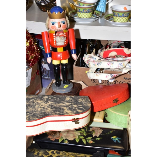 455 - TWO BOXES OF JEWELLERY BOXES, CASED MANICURE SETS, PAINTED WOODEN NUTCRACKER FIGURE, RADLEY AND CATH... 