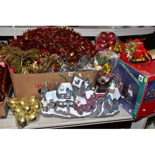 457 - A BOX OF CHRISTMAS DECORATIONS, including baubles, other tree decorations, etc and a boxed indoor fi... 