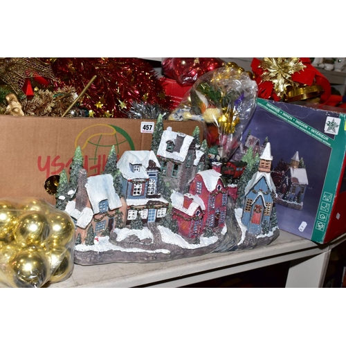 457 - A BOX OF CHRISTMAS DECORATIONS, including baubles, other tree decorations, etc and a boxed indoor fi... 