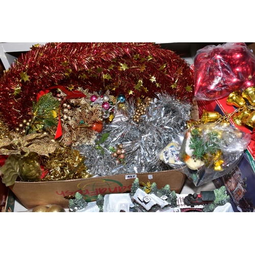 457 - A BOX OF CHRISTMAS DECORATIONS, including baubles, other tree decorations, etc and a boxed indoor fi... 