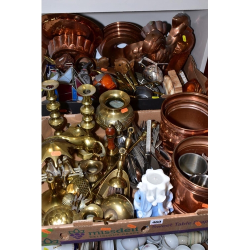 460 - TWO BOXES OF METALWARES, including modern copper pans, jelly moulds and planters, a pair of brass ca... 