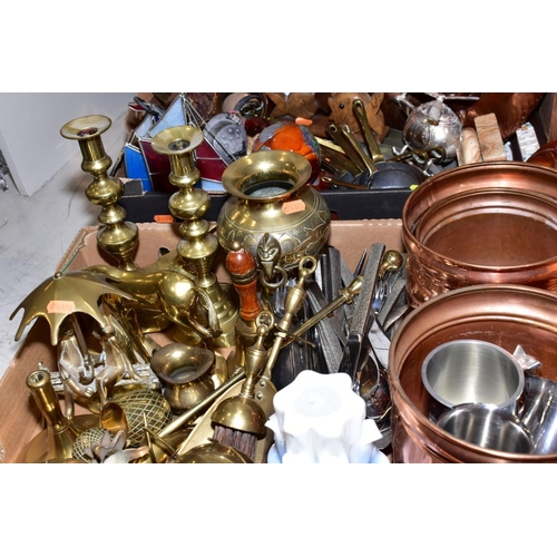 460 - TWO BOXES OF METALWARES, including modern copper pans, jelly moulds and planters, a pair of brass ca... 