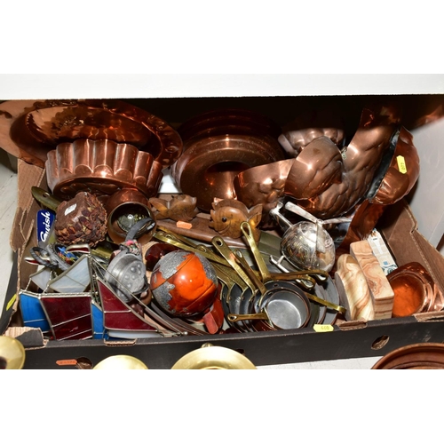 460 - TWO BOXES OF METALWARES, including modern copper pans, jelly moulds and planters, a pair of brass ca... 