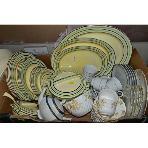 461 - SIX BOXES OF CERAMICS, MODERN PINE TOWEL RAIL, THREE TABLE LAMPS, etc, including early 20th Century ... 