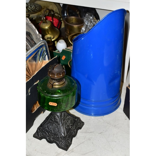 468 - TWO BOXES OF METALWARES AND LOOSE, including a late Victorian oil lamp with green glass reservoir an... 