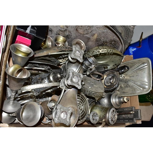 468 - TWO BOXES OF METALWARES AND LOOSE, including a late Victorian oil lamp with green glass reservoir an... 