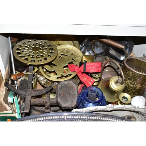 468 - TWO BOXES OF METALWARES AND LOOSE, including a late Victorian oil lamp with green glass reservoir an... 