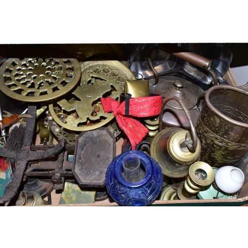 468 - TWO BOXES OF METALWARES AND LOOSE, including a late Victorian oil lamp with green glass reservoir an... 