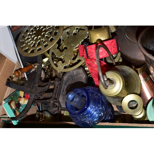 468 - TWO BOXES OF METALWARES AND LOOSE, including a late Victorian oil lamp with green glass reservoir an... 