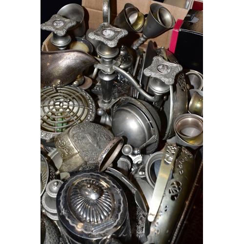 468 - TWO BOXES OF METALWARES AND LOOSE, including a late Victorian oil lamp with green glass reservoir an... 