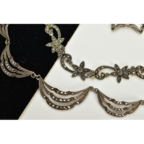 47 - A MARCASITE NECKLACE AND BRACELET, the necklace designed with seventeen openwork marcasite drapped p... 