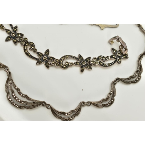 47 - A MARCASITE NECKLACE AND BRACELET, the necklace designed with seventeen openwork marcasite drapped p... 