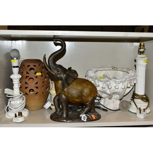 472 - FIVE ASSORTED TABLE LAMPS, including one of elephant form, height 38.5cm, a barrel shaped pottery la... 