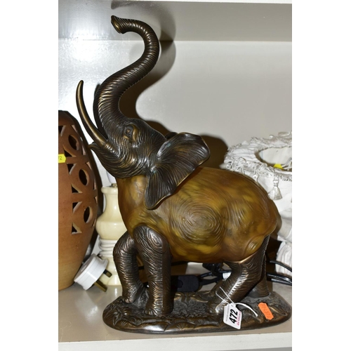 472 - FIVE ASSORTED TABLE LAMPS, including one of elephant form, height 38.5cm, a barrel shaped pottery la... 