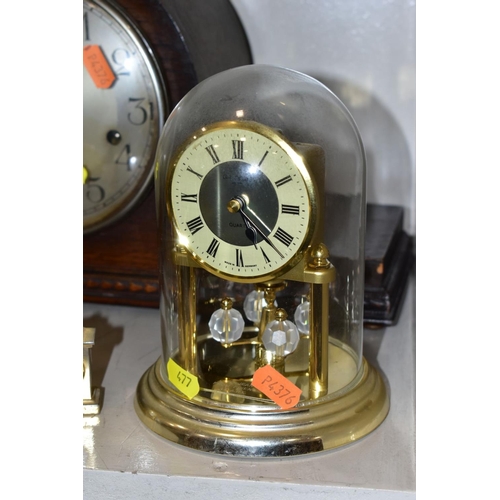 477 - AN OAK CASED CHIMING MANTEL CLOCK, chimes but only runs for a few seconds, together with a quartz ca... 