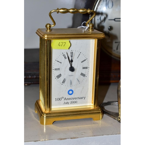 477 - AN OAK CASED CHIMING MANTEL CLOCK, chimes but only runs for a few seconds, together with a quartz ca... 