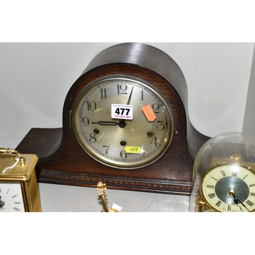 477 - AN OAK CASED CHIMING MANTEL CLOCK, chimes but only runs for a few seconds, together with a quartz ca... 