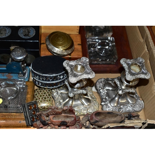 483 - TWO BOXES AND LOOSE ASSORTED ITEMS to include two carved wooden and staunton style chess sets, sizes... 