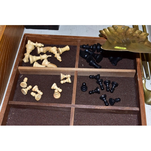 483 - TWO BOXES AND LOOSE ASSORTED ITEMS to include two carved wooden and staunton style chess sets, sizes... 