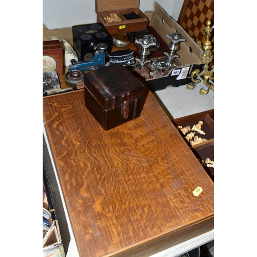 483 - TWO BOXES AND LOOSE ASSORTED ITEMS to include two carved wooden and staunton style chess sets, sizes... 