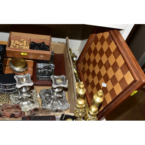 483 - TWO BOXES AND LOOSE ASSORTED ITEMS to include two carved wooden and staunton style chess sets, sizes... 