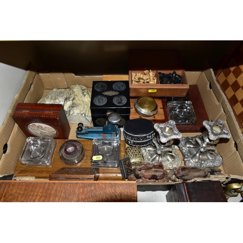 483 - TWO BOXES AND LOOSE ASSORTED ITEMS to include two carved wooden and staunton style chess sets, sizes... 