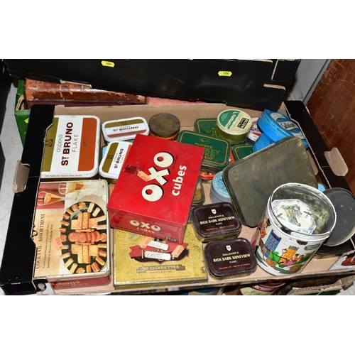 484 - FOUR BOXES AND LOOSE SUNDRY ITEMS ETC, comprising advertising tins - OXO, St Bruno Flake, Sellotape,... 