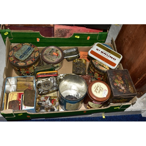 484 - FOUR BOXES AND LOOSE SUNDRY ITEMS ETC, comprising advertising tins - OXO, St Bruno Flake, Sellotape,... 