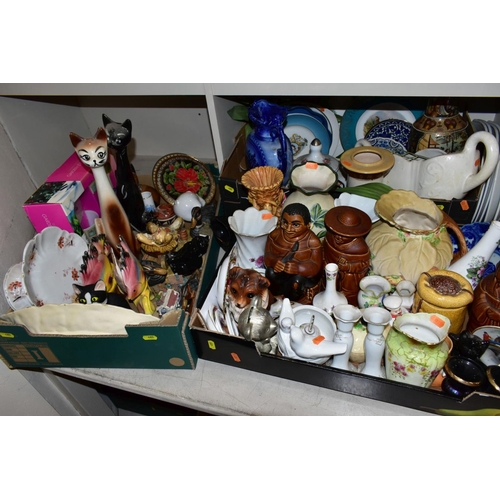 485 - THREE BOXES AND LOOSE CERAMICS ETC, to include Regency Fine Arts sculptures on wooden plinths, Royal... 