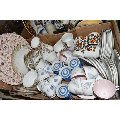 486 - THREE BOXES OF CERAMICS AND GLASS to include Foley china 'Fern' tea wares by Maureen Tanner, Midwint... 