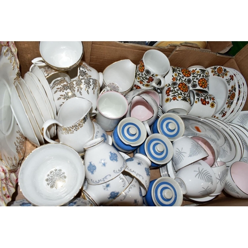 486 - THREE BOXES OF CERAMICS AND GLASS to include Foley china 'Fern' tea wares by Maureen Tanner, Midwint... 